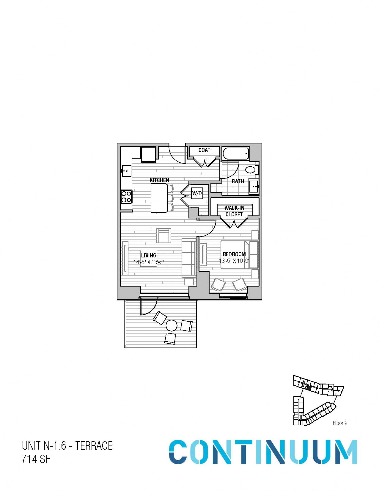 Floor plan for 1 bed, 1 bath, 766 sqft